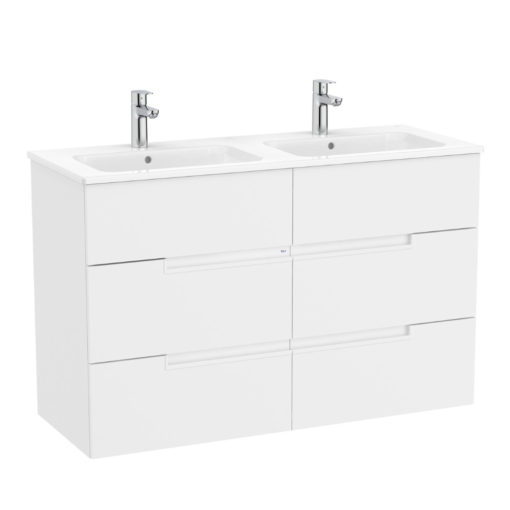 Product cut out image of the Roca Victoria-N Unik Matt White 1200mm Wall Hung 6 Drawer Vanity Unit & Double Basin